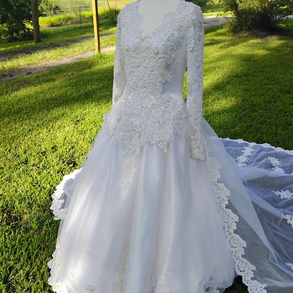 Decadent White tulle med wedding gown dress sequins train